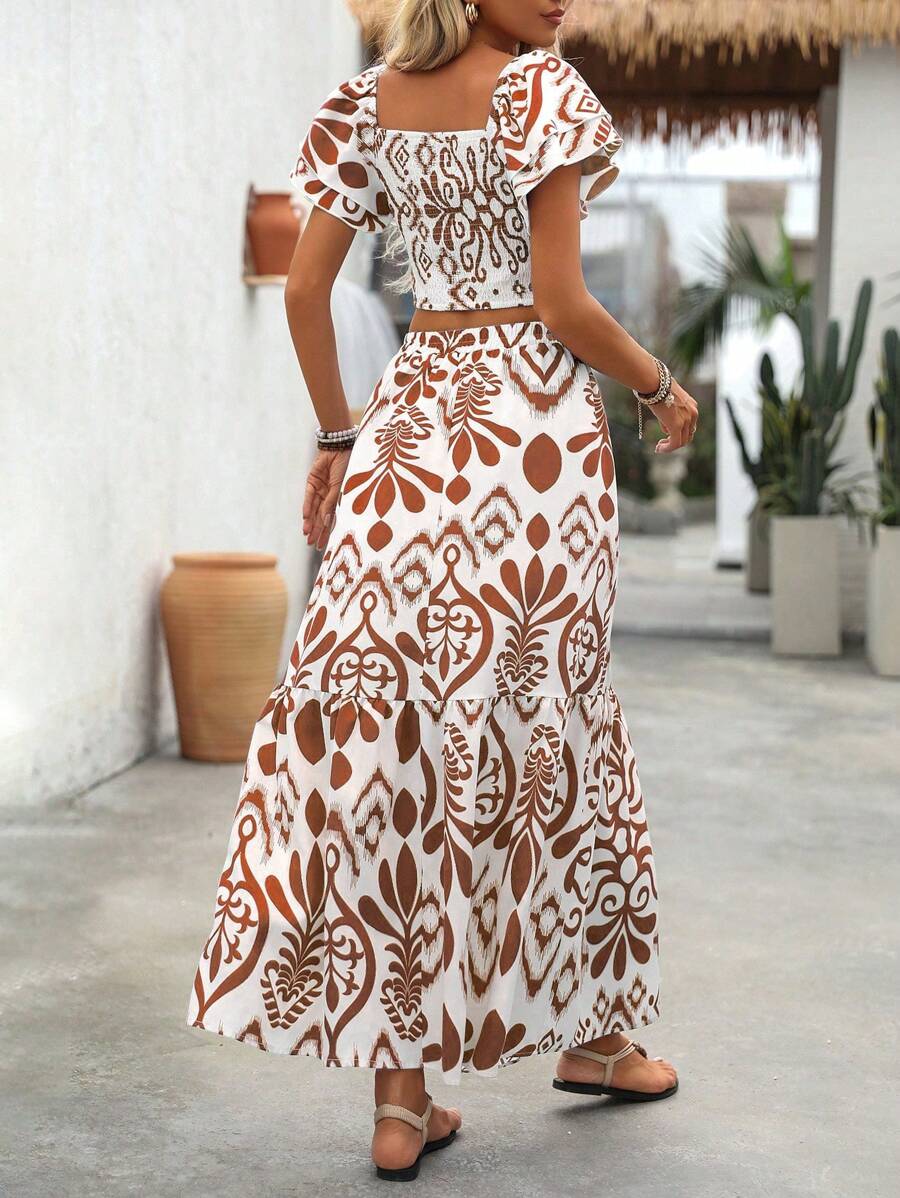 Breezaya 2pcs Women Holiday Plant Print Ruffle Sleeve Shirt & Skirt Set Mensa