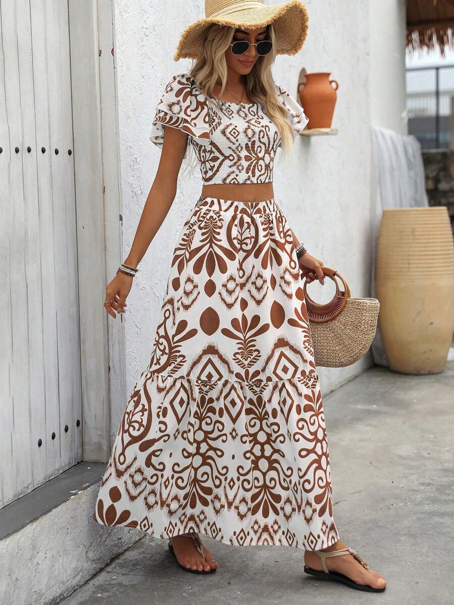 Breezaya 2pcs Women Holiday Plant Print Ruffle Sleeve Shirt & Skirt Set Mensa