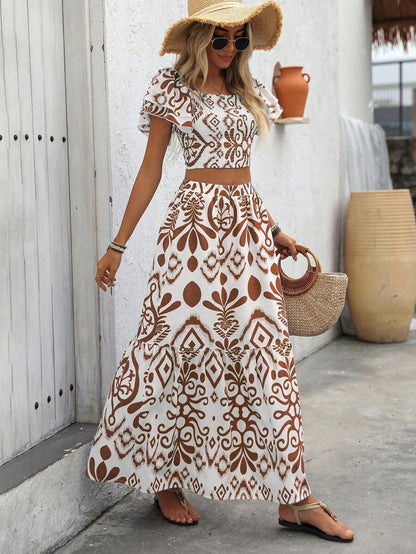 Breezaya 2pcs Women Holiday Plant Print Ruffle Sleeve Shirt & Skirt Set Mensa
