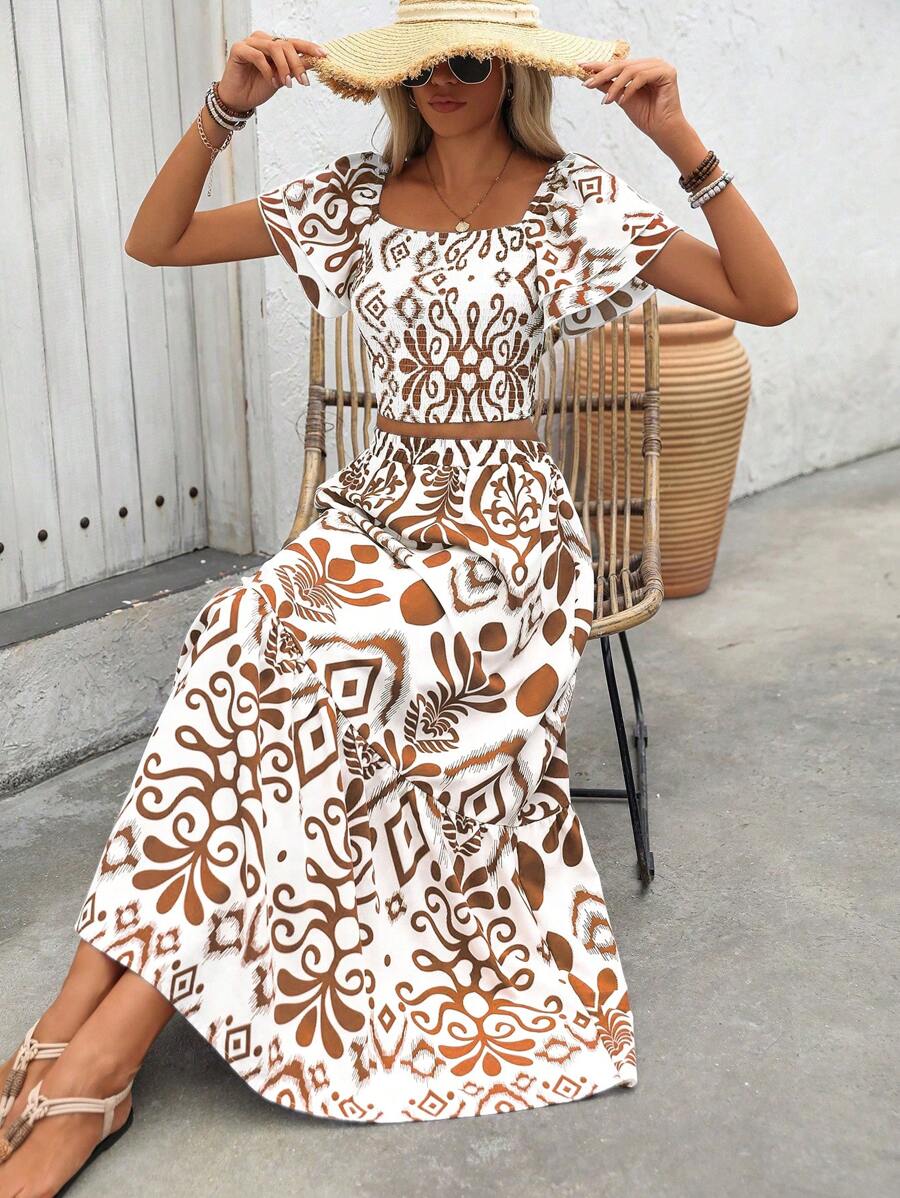 Breezaya 2pcs Women Holiday Plant Print Ruffle Sleeve Shirt & Skirt Set Mensa