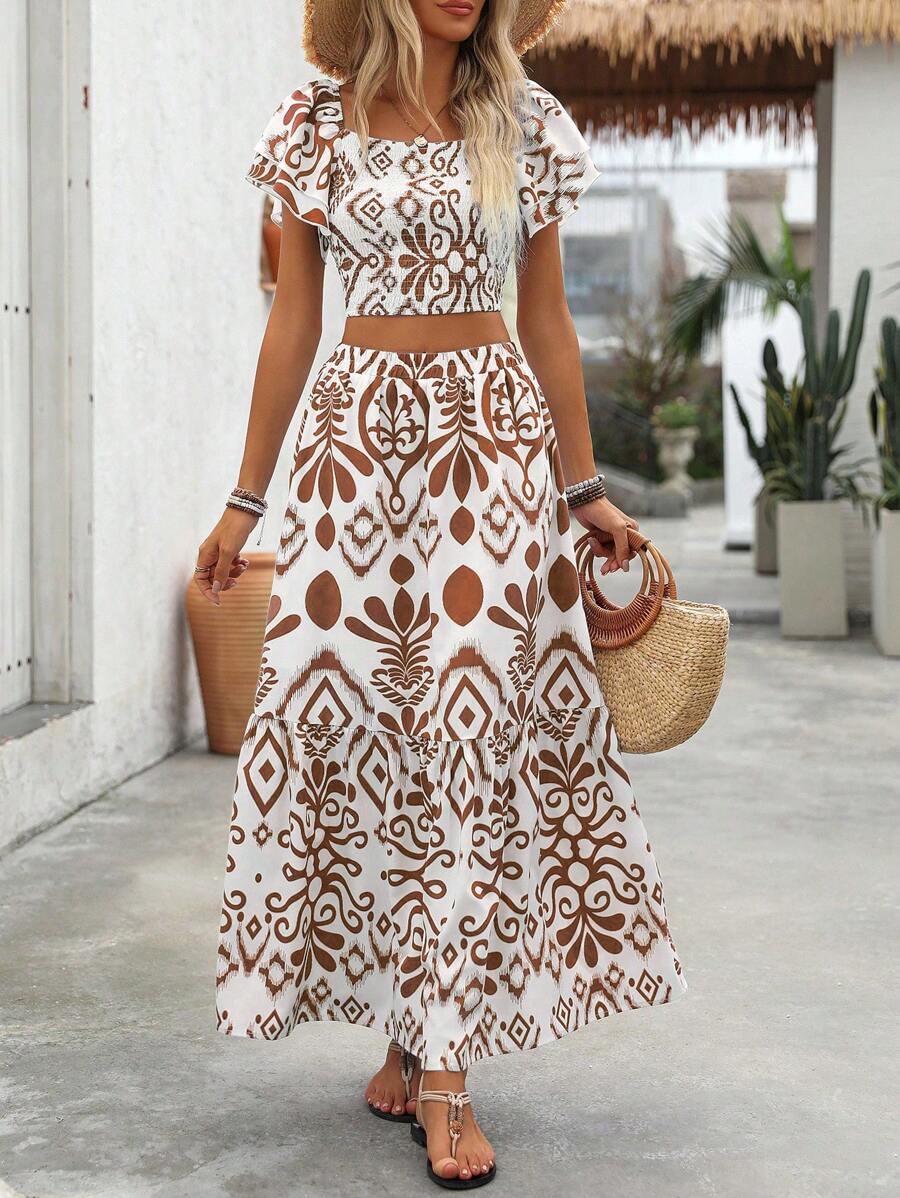 Breezaya 2pcs Women Holiday Plant Print Ruffle Sleeve Shirt & Skirt Set Mensa