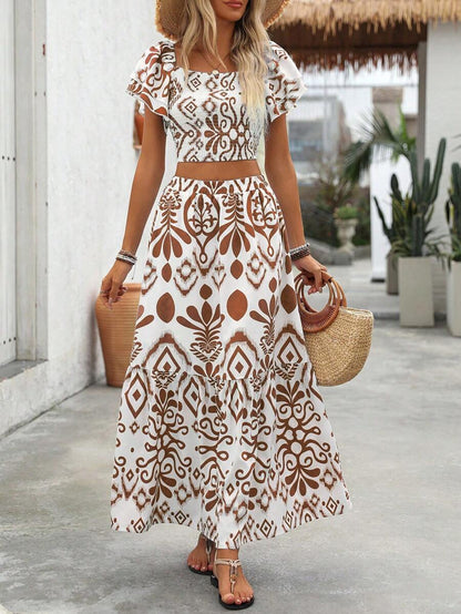 Breezaya 2pcs Women Holiday Plant Print Ruffle Sleeve Shirt & Skirt Set Mensa