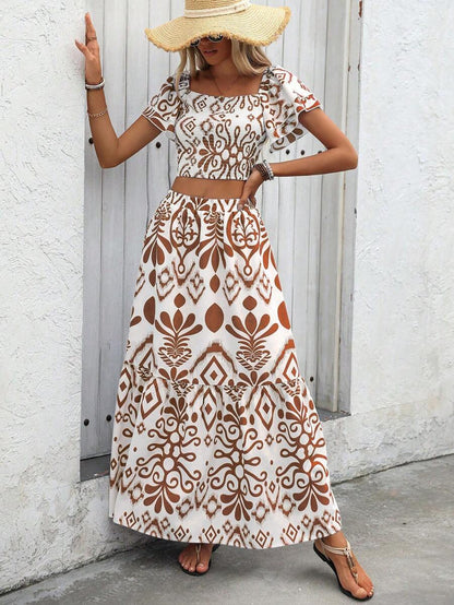 Breezaya 2pcs Women Holiday Plant Print Ruffle Sleeve Shirt & Skirt Set Mensa