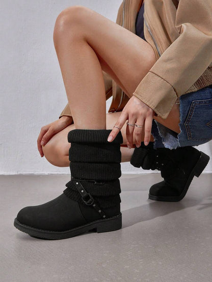 Women's Black Comfortable And Warm Fashion Casual Mid Calf  Faux Furry Outdoor Indoor Commuter Christmas Winter Snow Boots Mensa