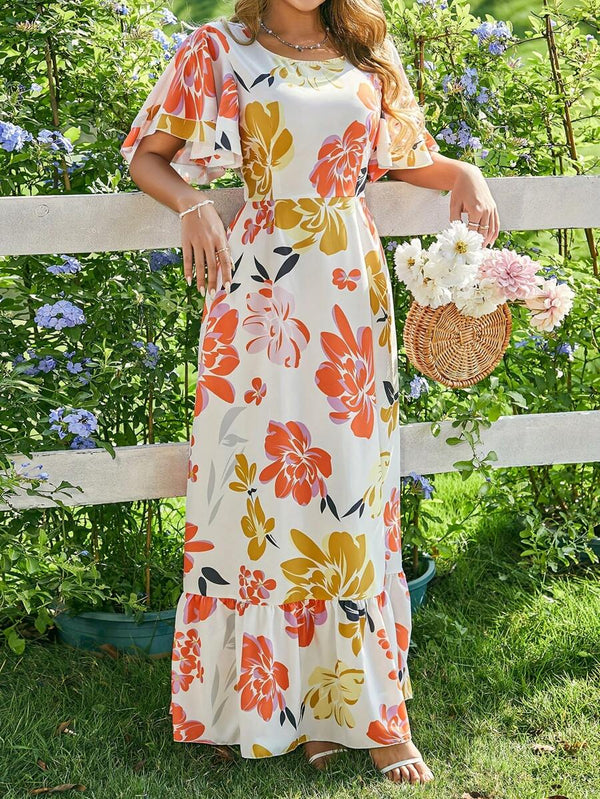 Breezaya Women's French Style Floral Print Ruffle Sleeve Round Neck Dress Maxi Vacation Beach Outfit Mensa