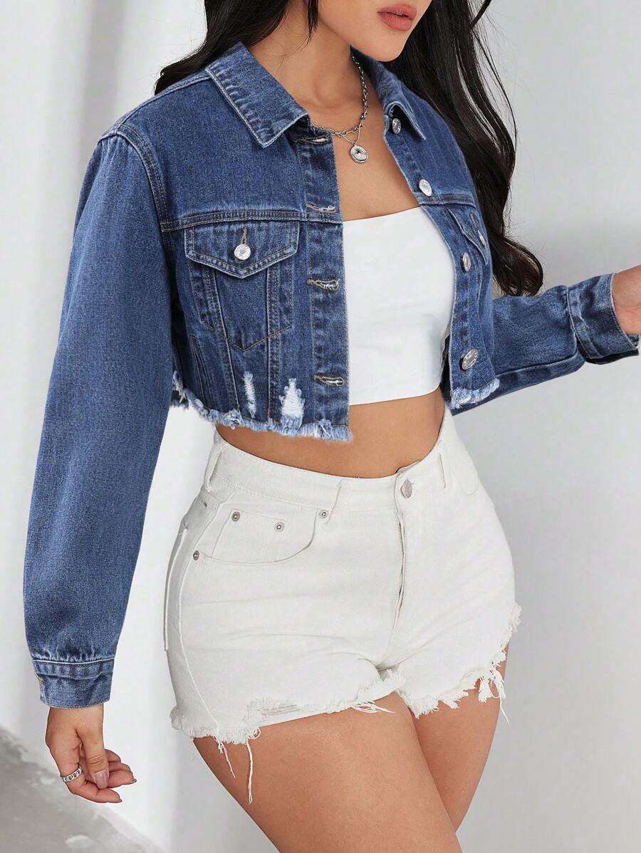 Bridget Frayed Hem Crop Washed Denim Jacket - Army Green