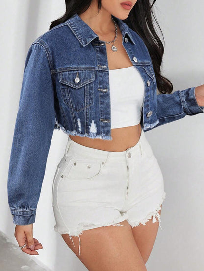 Bridget Frayed Hem Crop Washed Denim Jacket - Army Green