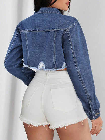 Bridget Frayed Hem Crop Washed Denim Jacket - Black