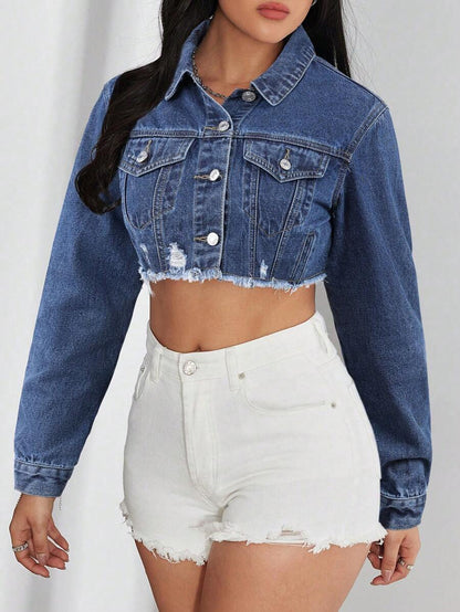 Bridget Frayed Hem Crop Washed Denim Jacket - Dark Wash