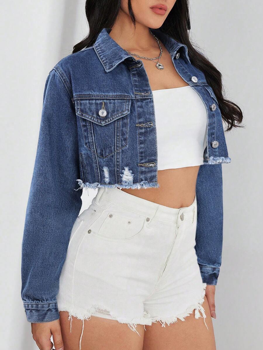 Bridget Frayed Hem Crop Washed Denim Jacket - Medium Wash