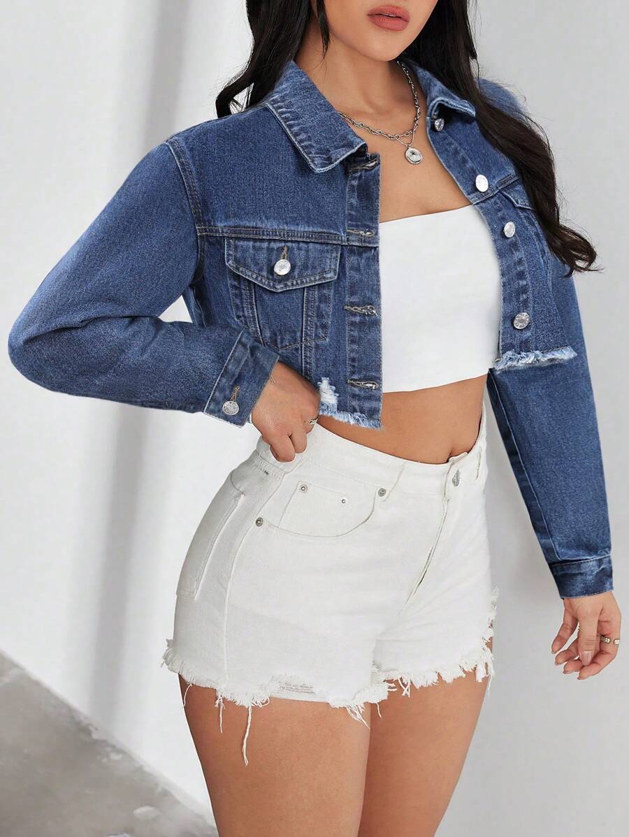 Bridget Frayed Hem Crop Washed Denim Jacket - Light Wash