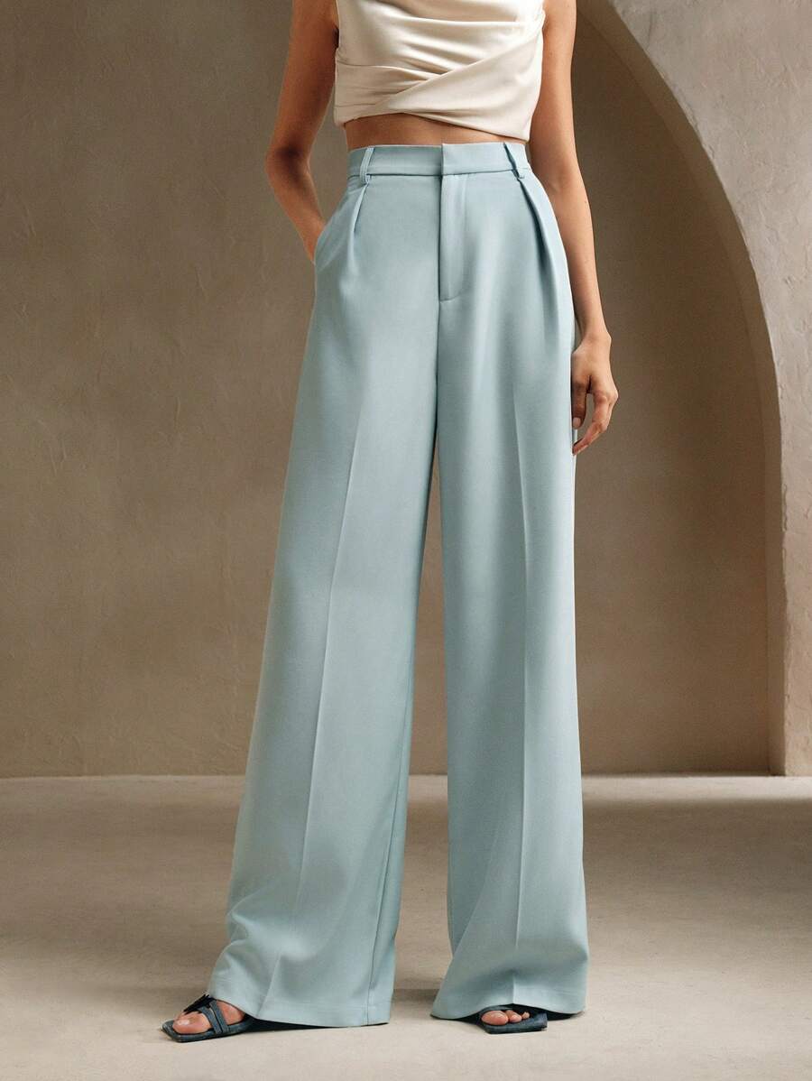 Tatiana Pleated High Waist Wide Leg Trousers with Pockets - Blue