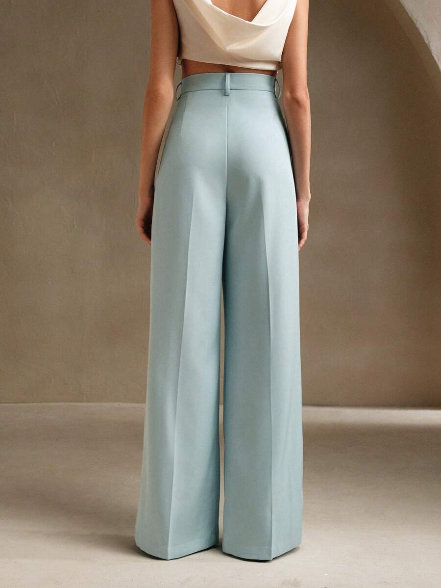 Tatiana Pleated High Waist Wide Leg Trousers with Pockets - Black