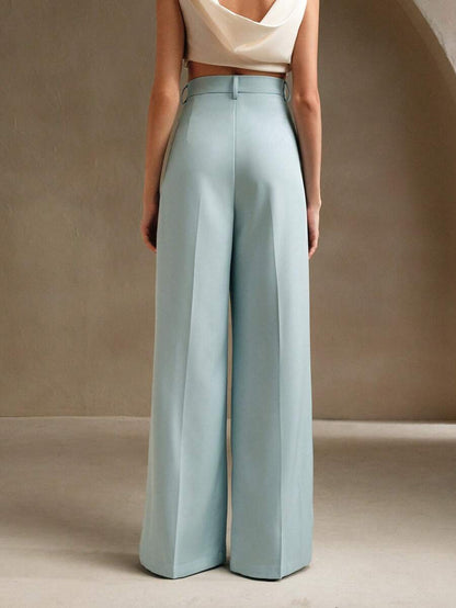 Tatiana Pleated High Waist Wide Leg Trousers with Pockets - Black