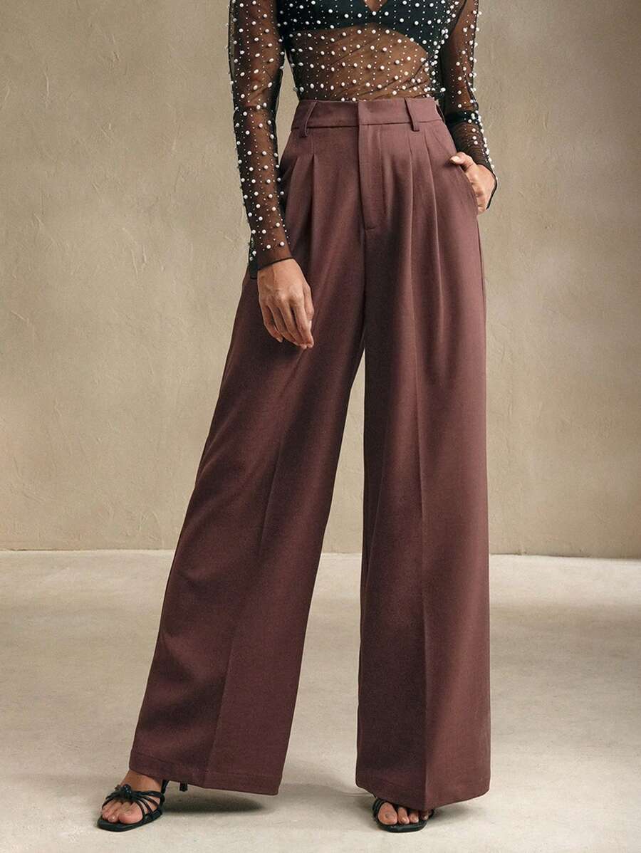 Women's Pleated Wide Leg Dress Trousers, Stretch Tailored Pants for Work Office - Coral Pink
