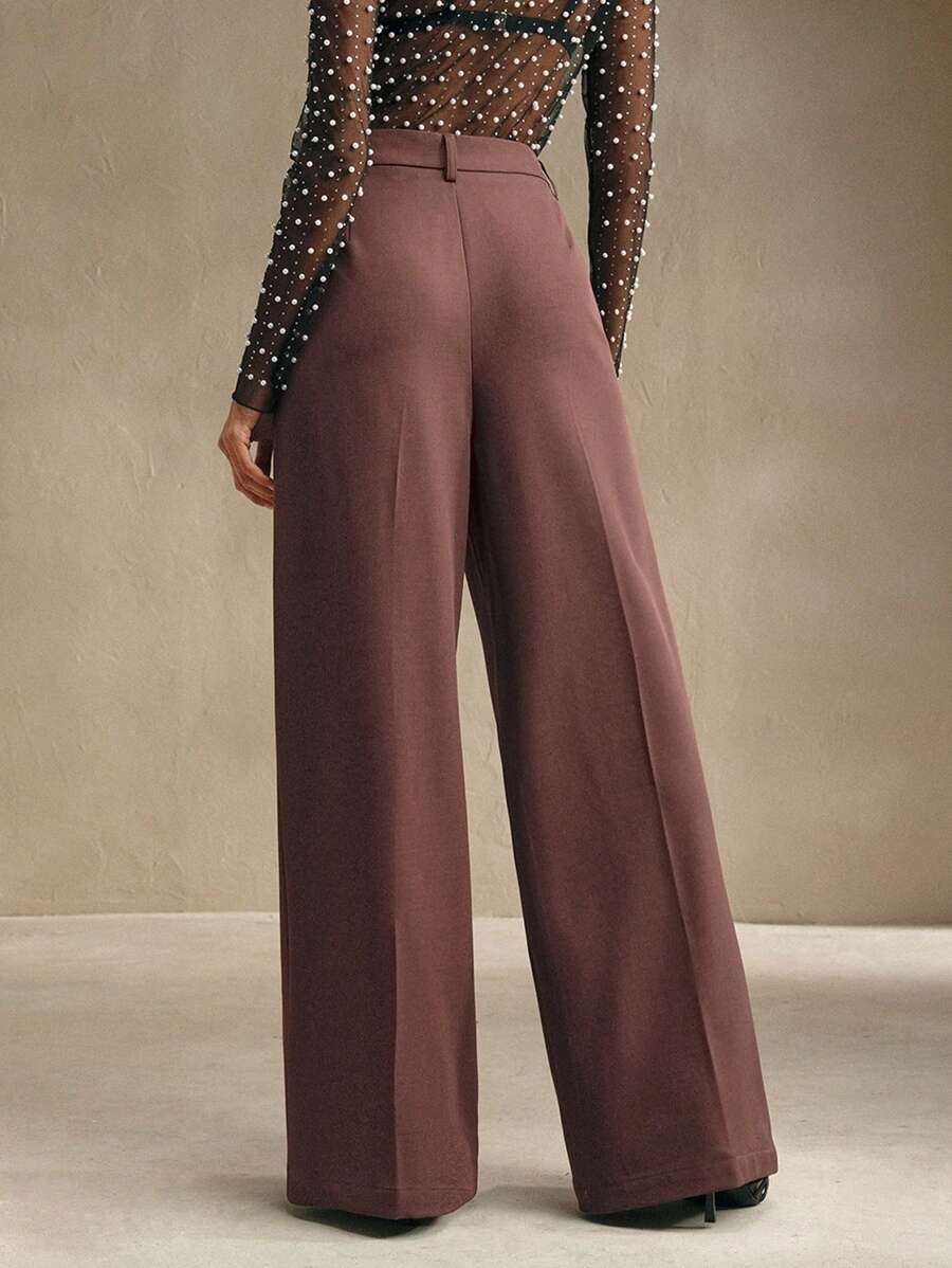 Women's Pleated Wide Leg Dress Trousers, Stretch Tailored Pants for Work Office - Rust Brown