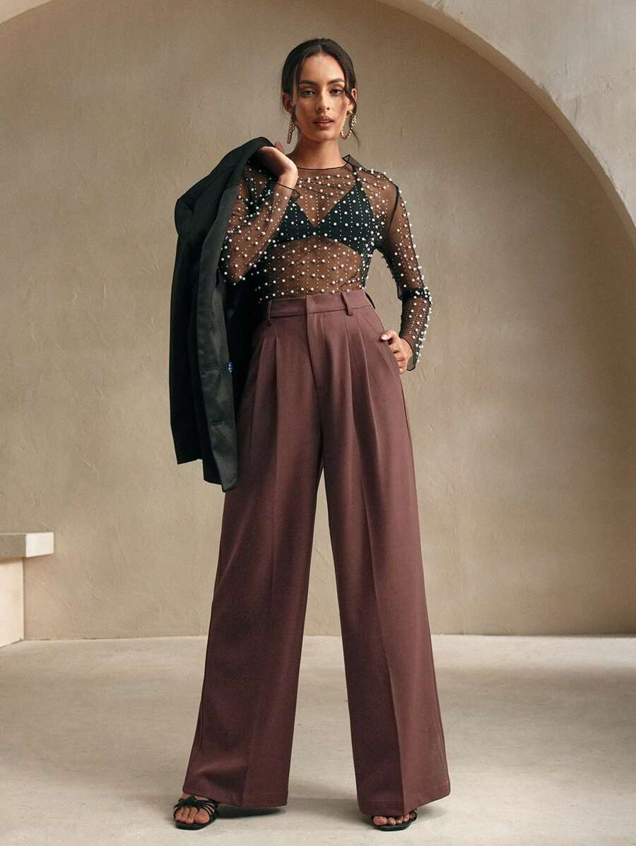 Women's Pleated Wide Leg Dress Trousers, Stretch Tailored Pants for Work Office - Mustard Yellow