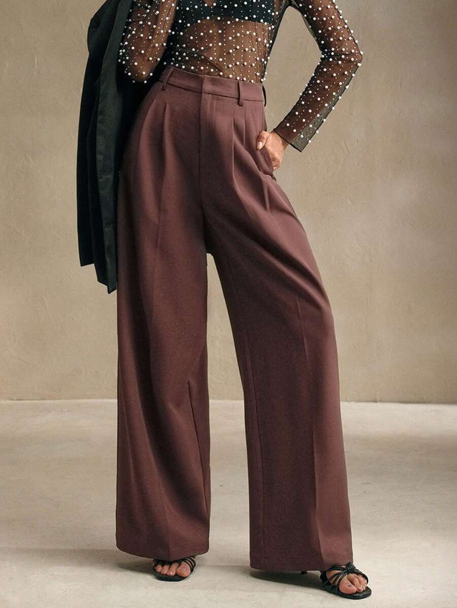 Women's Pleated Wide Leg Dress Trousers, Stretch Tailored Pants for Work Office - Red Violet