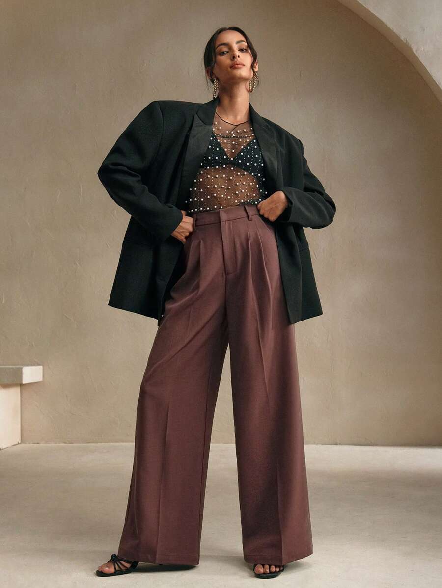 Women's Pleated Wide Leg Dress Trousers, Stretch Tailored Pants for Work Office - Olive Green