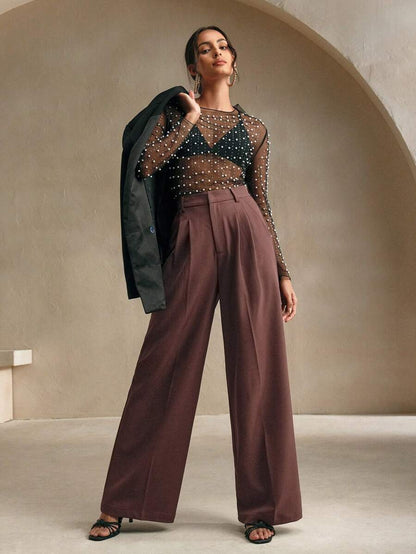 Women's Pleated Wide Leg Dress Trousers, Stretch Tailored Pants for Work Office - Apricot