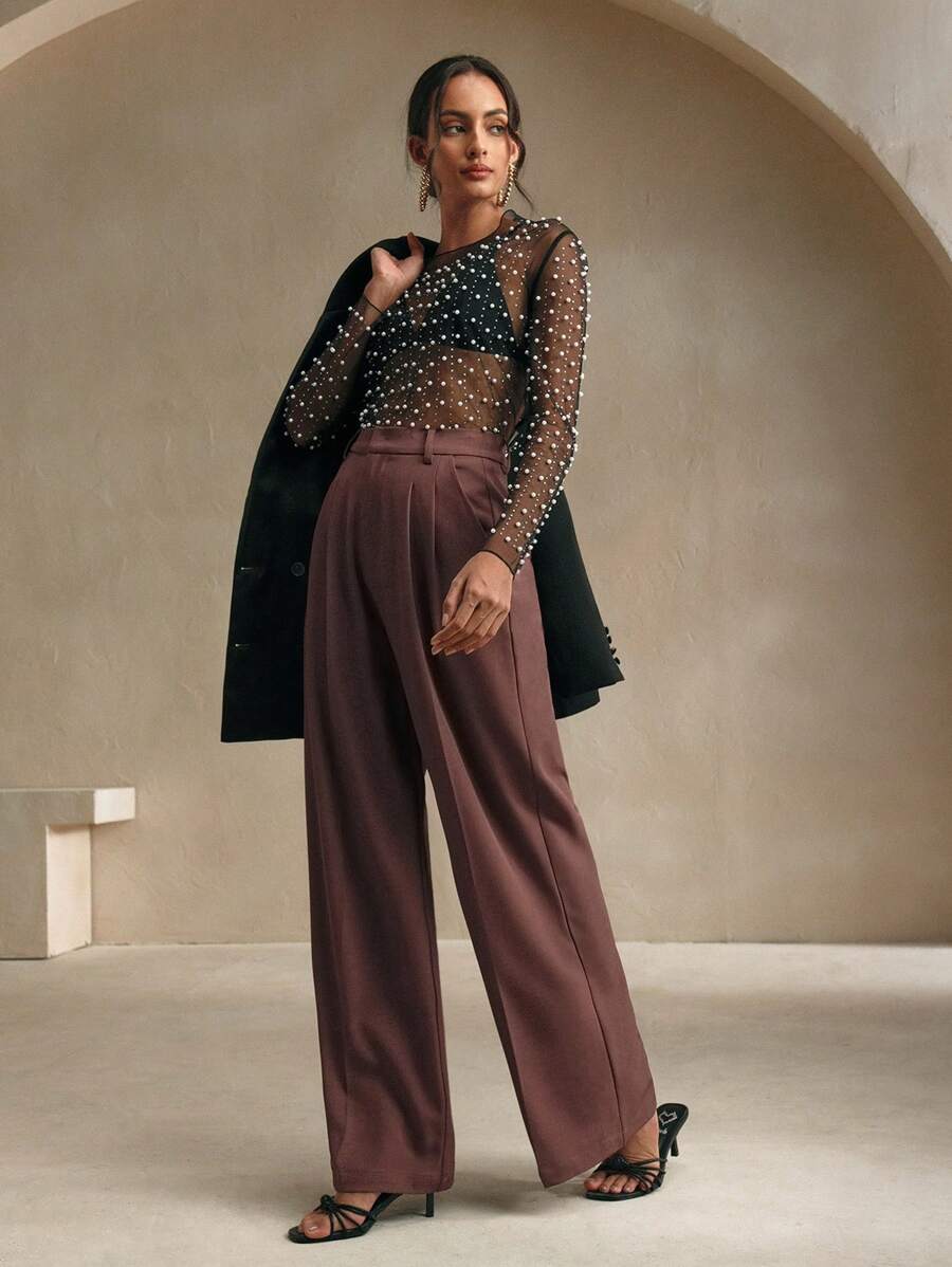 Women's Pleated Wide Leg Dress Trousers, Stretch Tailored Pants for Work Office - Black