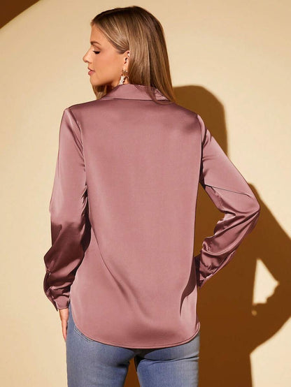 Women's Satin Collared Long Sleeve Shirt, Lapel Silky Blouse for Work and Evening - Pink