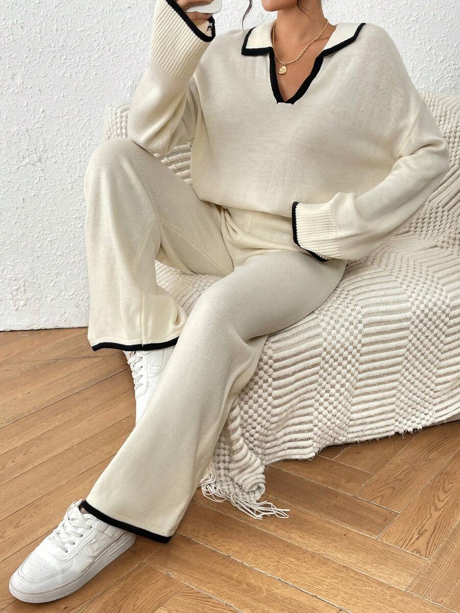 Kelowna V Neck Contrast Trim Sweater and Wide Leg Knit Pants Set