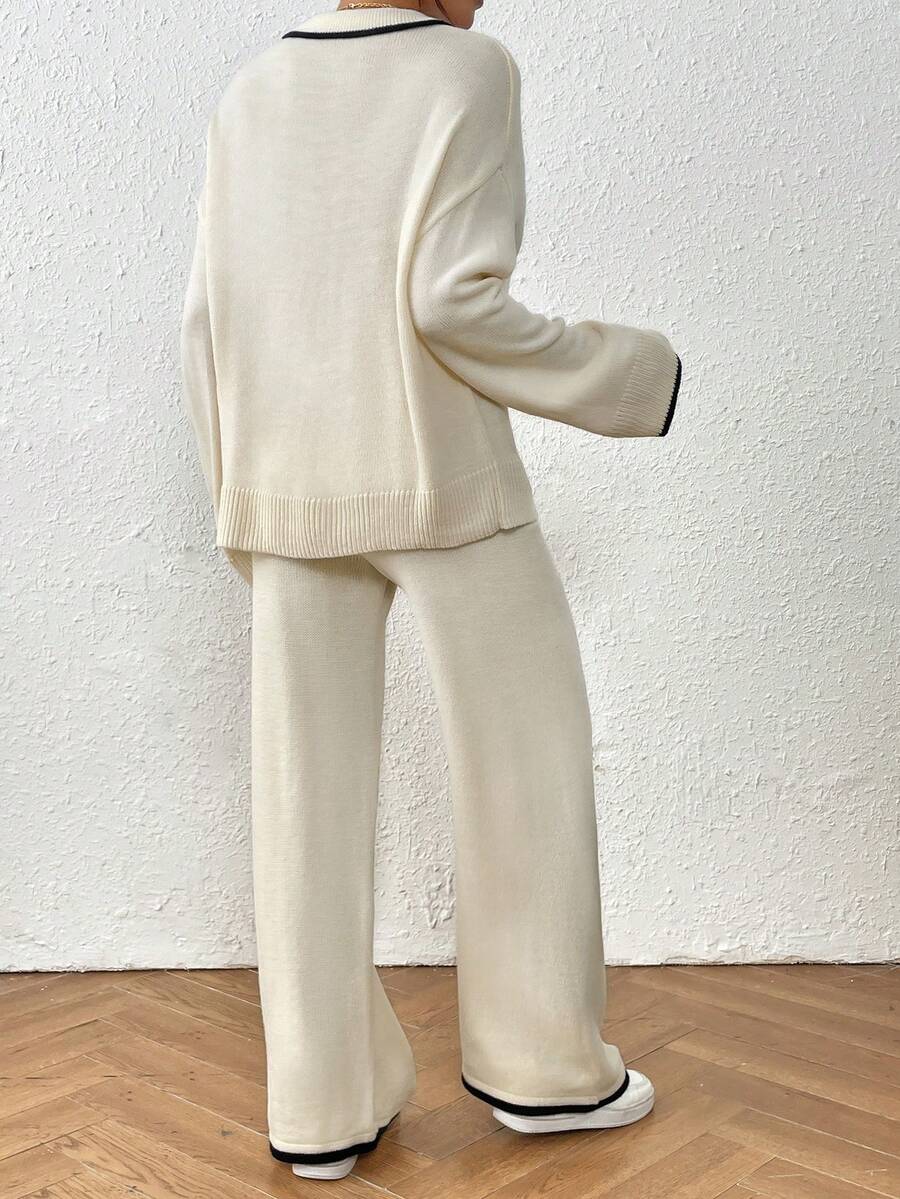 Kelowna V Neck Contrast Trim Sweater and Wide Leg Knit Pants Set