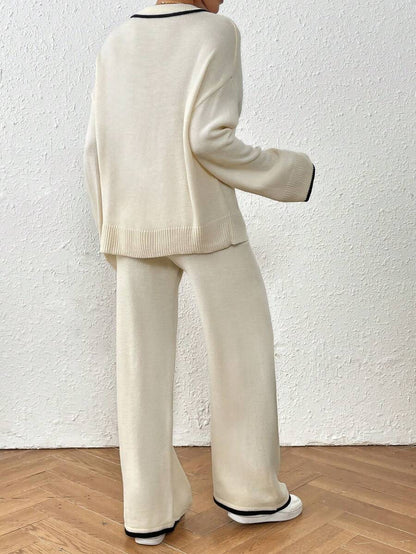 Kelowna V Neck Contrast Trim Sweater and Wide Leg Knit Pants Set