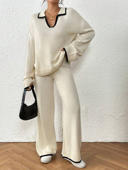 Kelowna V Neck Contrast Trim Sweater and Wide Leg Knit Pants Set