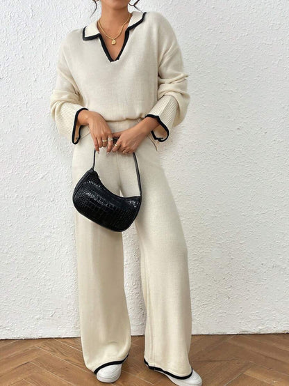 Kelowna V Neck Contrast Trim Sweater and Wide Leg Knit Pants Set - Apricot