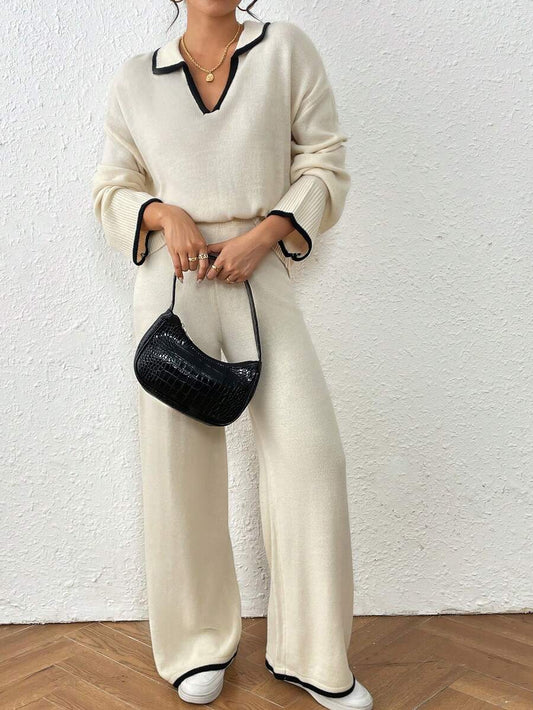 Kelowna V Neck Contrast Trim Sweater and Wide Leg Knit Pants Set - Apricot