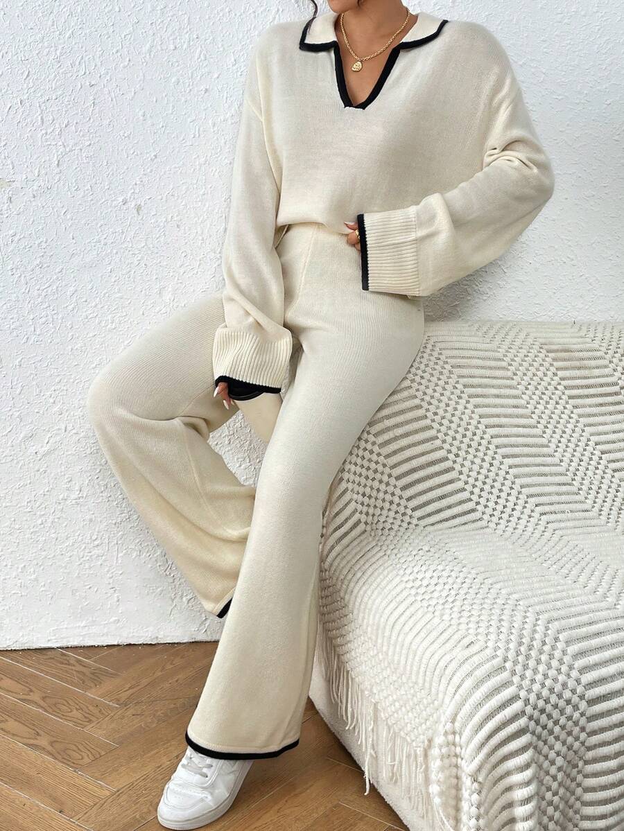 Kelowna V Neck Contrast Trim Sweater and Wide Leg Knit Pants Set