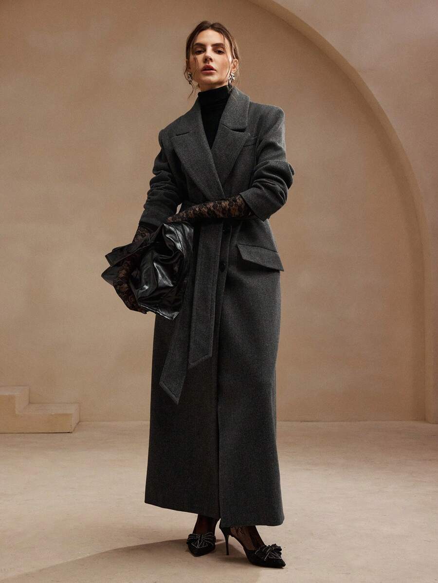 Valeska Belted Double-Breasted Lapel Long Coat with Pockets - Olive Green
