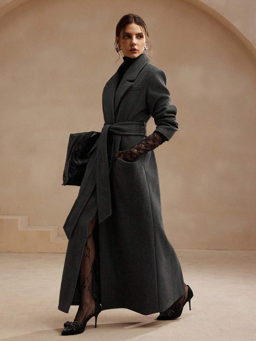 Valeska Belted Double-Breasted Lapel Long Coat with Pockets - Chocolate Brown