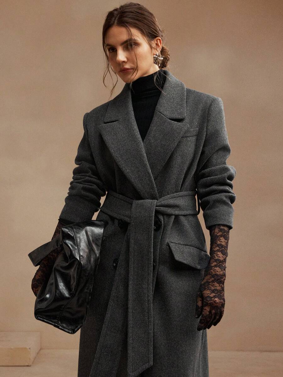 Heidelberg Belted Double Breasted Long Wrap Coat with Pockets