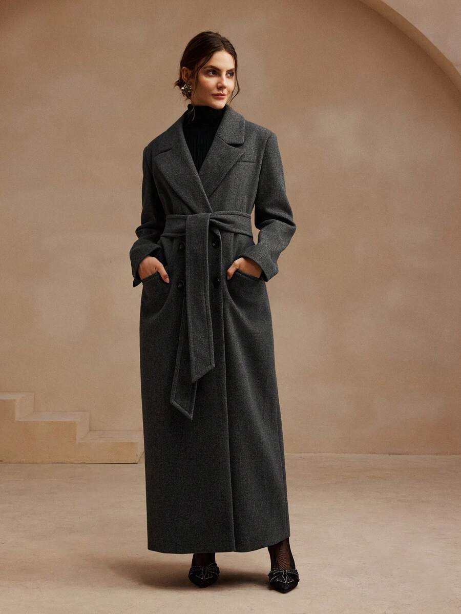 Valeska Belted Double-Breasted Lapel Long Coat with Pockets - Brown