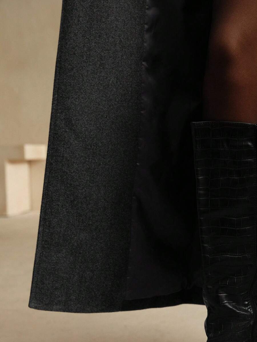 Valeska Belted Double-Breasted Lapel Long Coat with Pockets - Grey