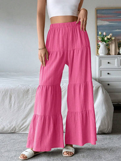 Giselle Tiered Ruffle Hem Elastic Waist Wide Leg Pants - Hot Pink