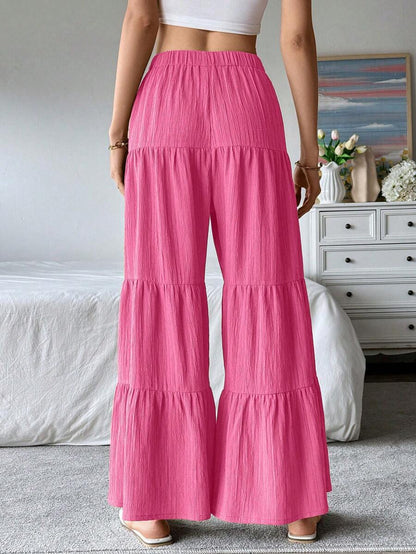 Giselle Tiered Ruffle Hem Elastic Waist Wide Leg Pants - Hot Pink