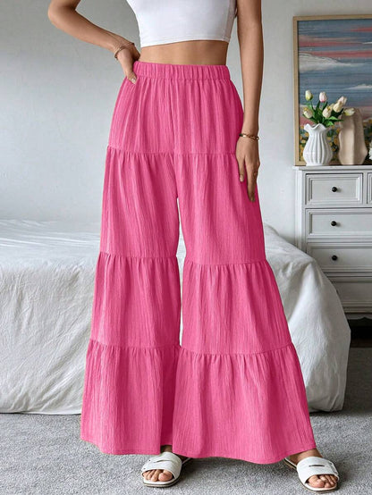 Giselle Tiered Ruffle Hem Elastic Waist Wide Leg Pants - Hot Pink