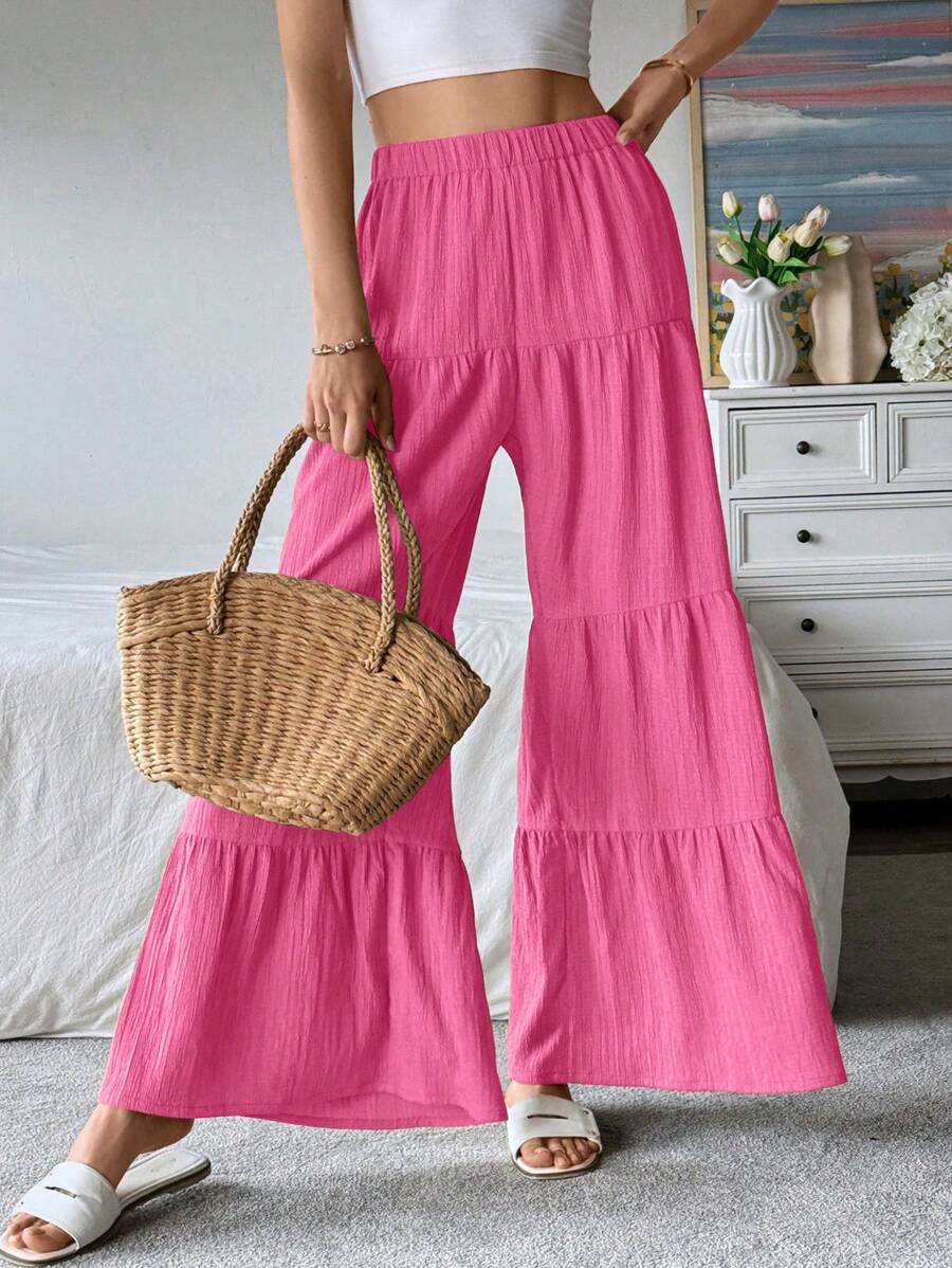 Giselle Tiered Ruffle Hem Elastic Waist Wide Leg Pants - Hot Pink