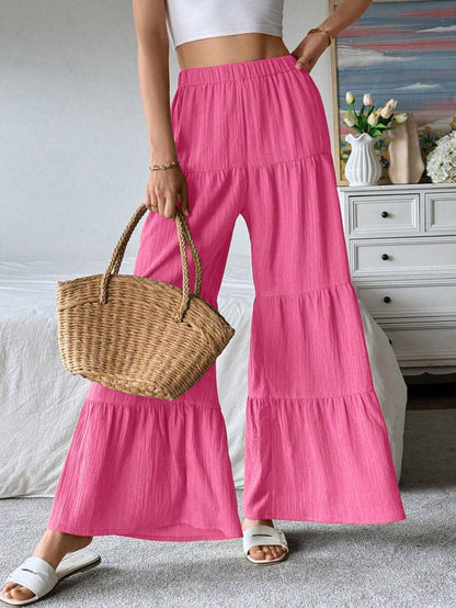 Giselle Tiered Ruffle Hem Elastic Waist Wide Leg Pants - Hot Pink