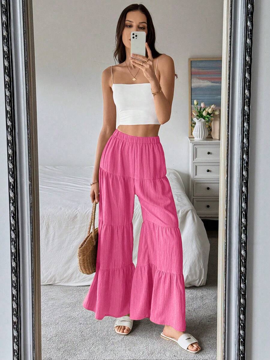 Giselle Tiered Ruffle Hem Elastic Waist Wide Leg Pants - Hot Pink