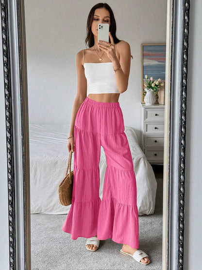 Giselle Tiered Ruffle Hem Elastic Waist Wide Leg Pants - Hot Pink