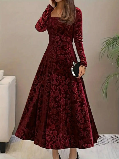 Istanbul Floral Velvet Square Neck A Line Midi Dress - Red