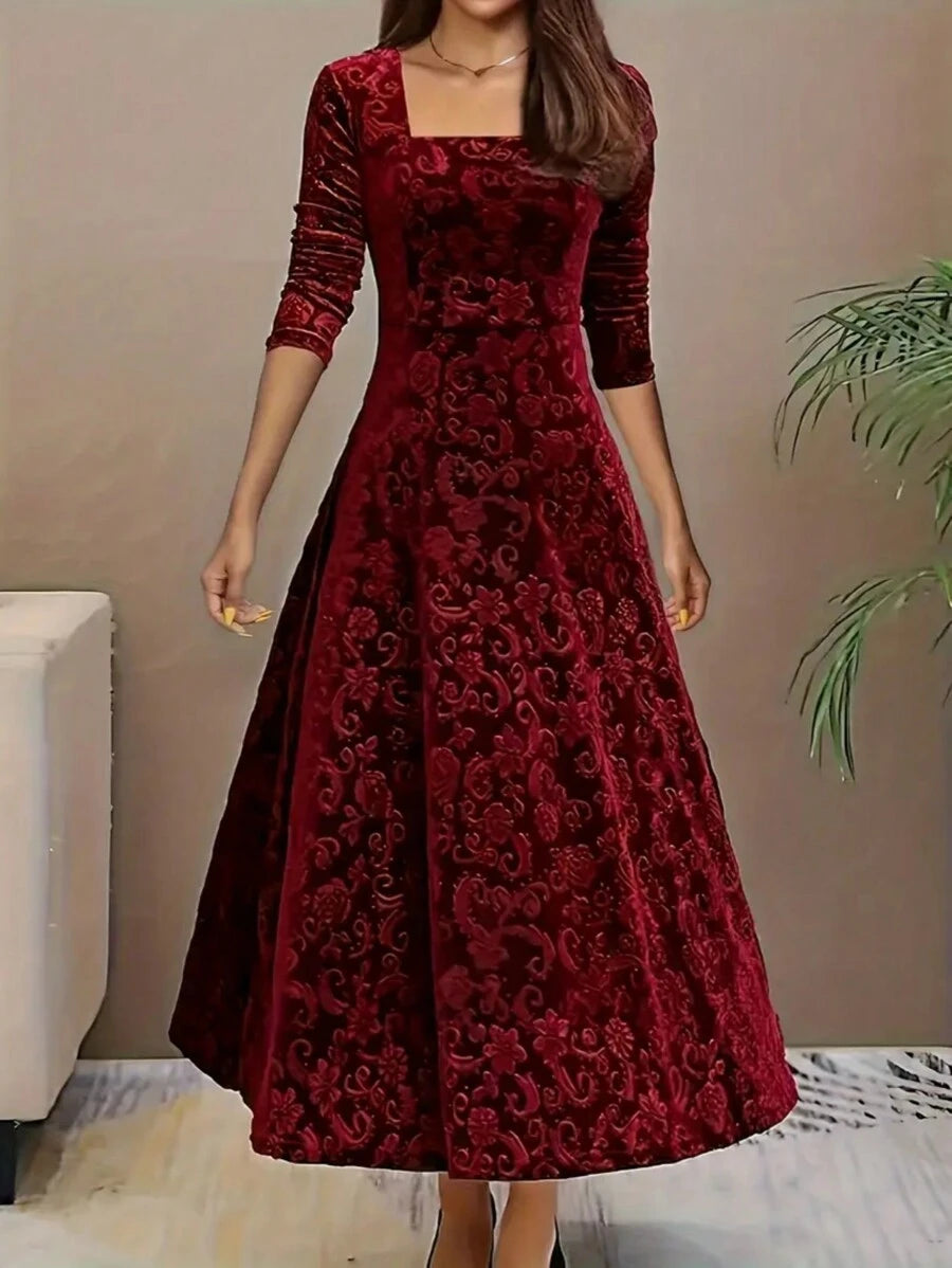 Istanbul Floral Velvet Square Neck A Line Midi Dress