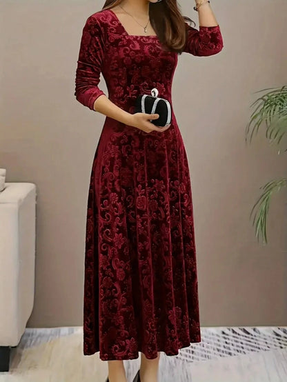 Istanbul Floral Velvet Square Neck A Line Midi Dress