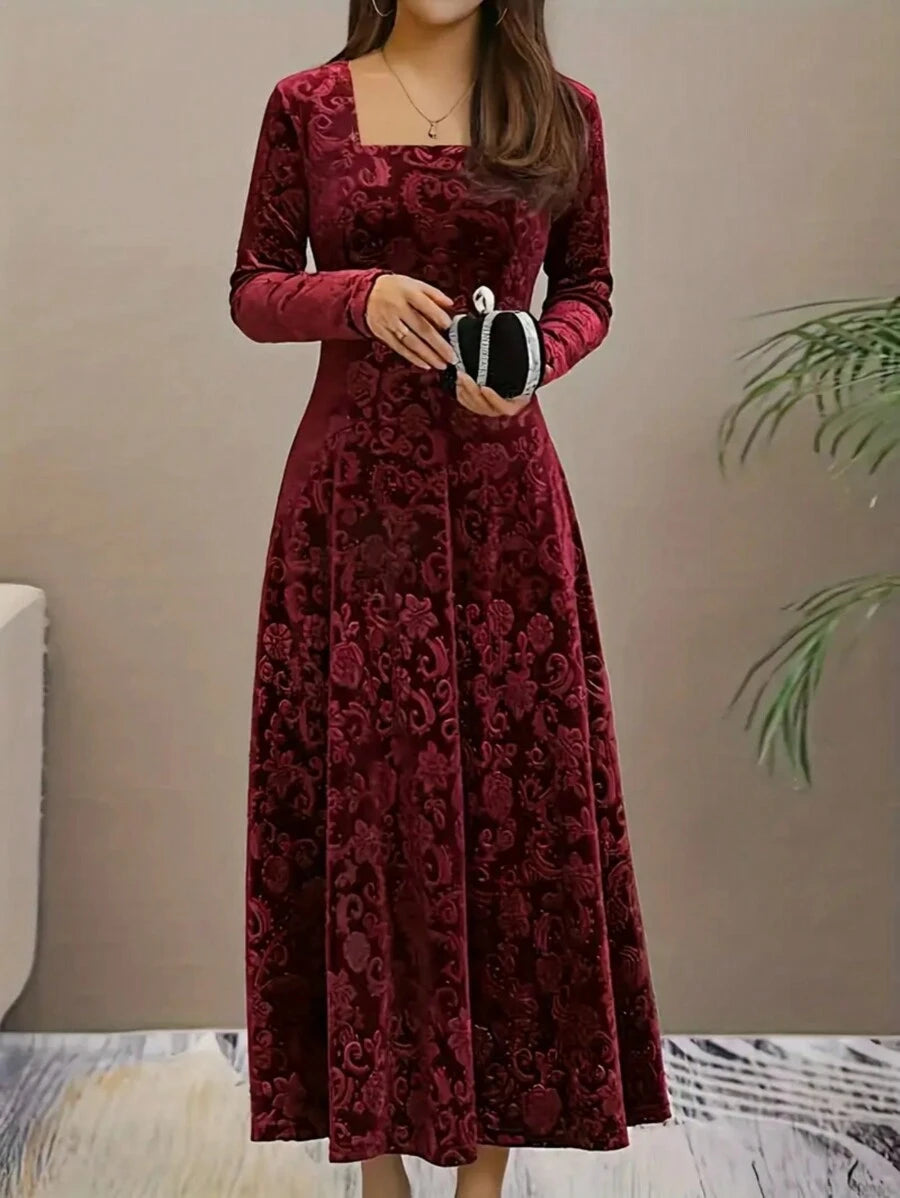 Istanbul Floral Velvet Square Neck A Line Midi Dress