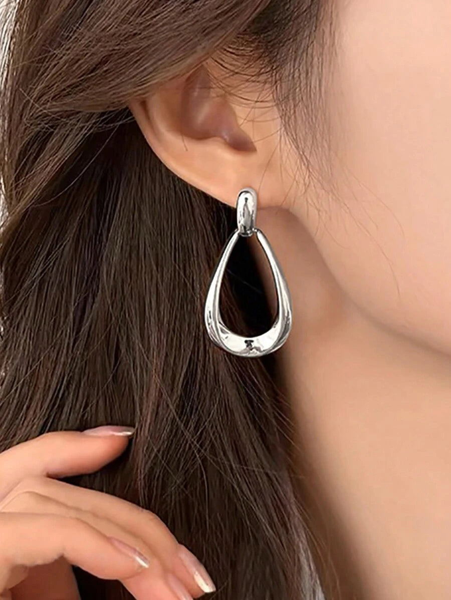 Women's Teardrop Drop Earrings Gold, Geometric Open Statement Earrings 1.7 Inch for Everyday and Vacation - Silver